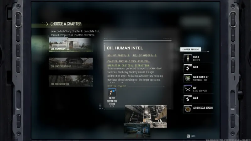 MW4 DMZ Choose a Chapter screen with Ch. Human Intel selected and Operation Critical Extraction as the chapter ending Story Mission
