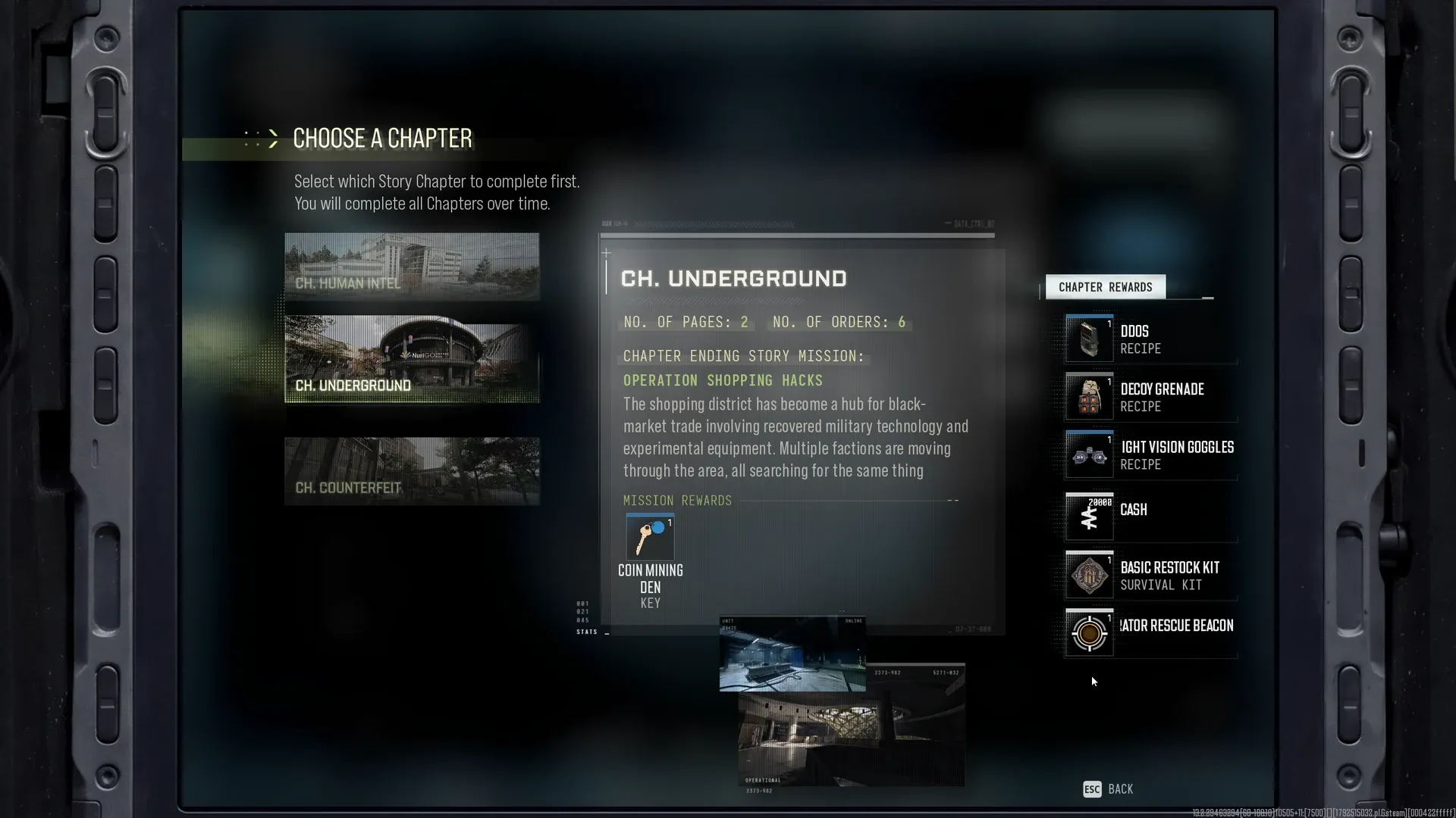 MW4 DMZ Choose a Chapter screen with Ch. Underground selected and Operation Shopping Hacks listed as the chapter-ending Story Mission