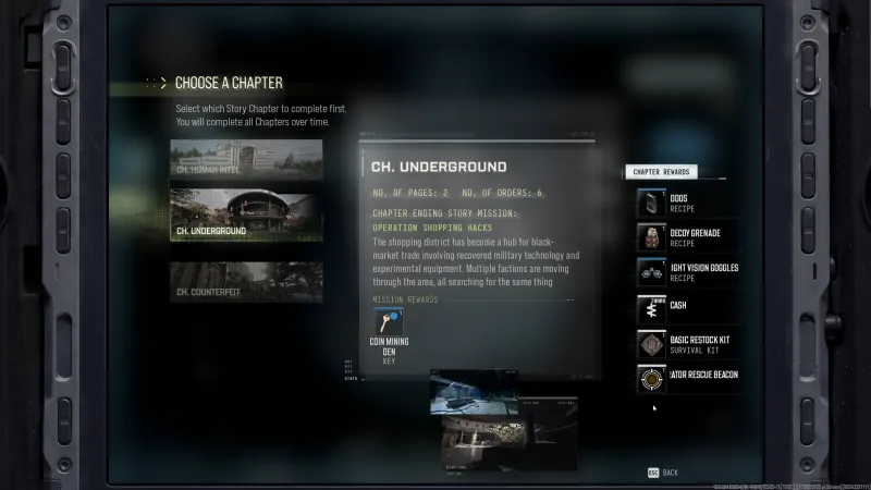 MW4 DMZ Choose a Chapter screen with Ch. Underground selected and Operation Shopping Hacks listed as the chapter-ending Story Mission