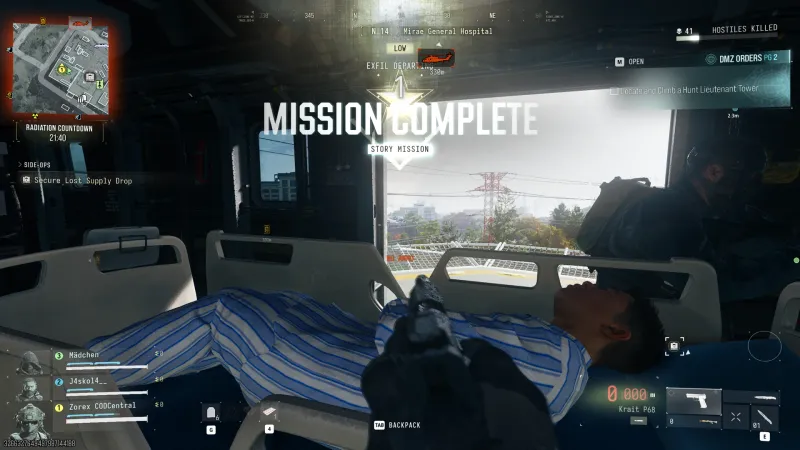 Mission Complete Story Mission banner inside the exfil chopper with General Kang in his bed after Operation Critical Extraction