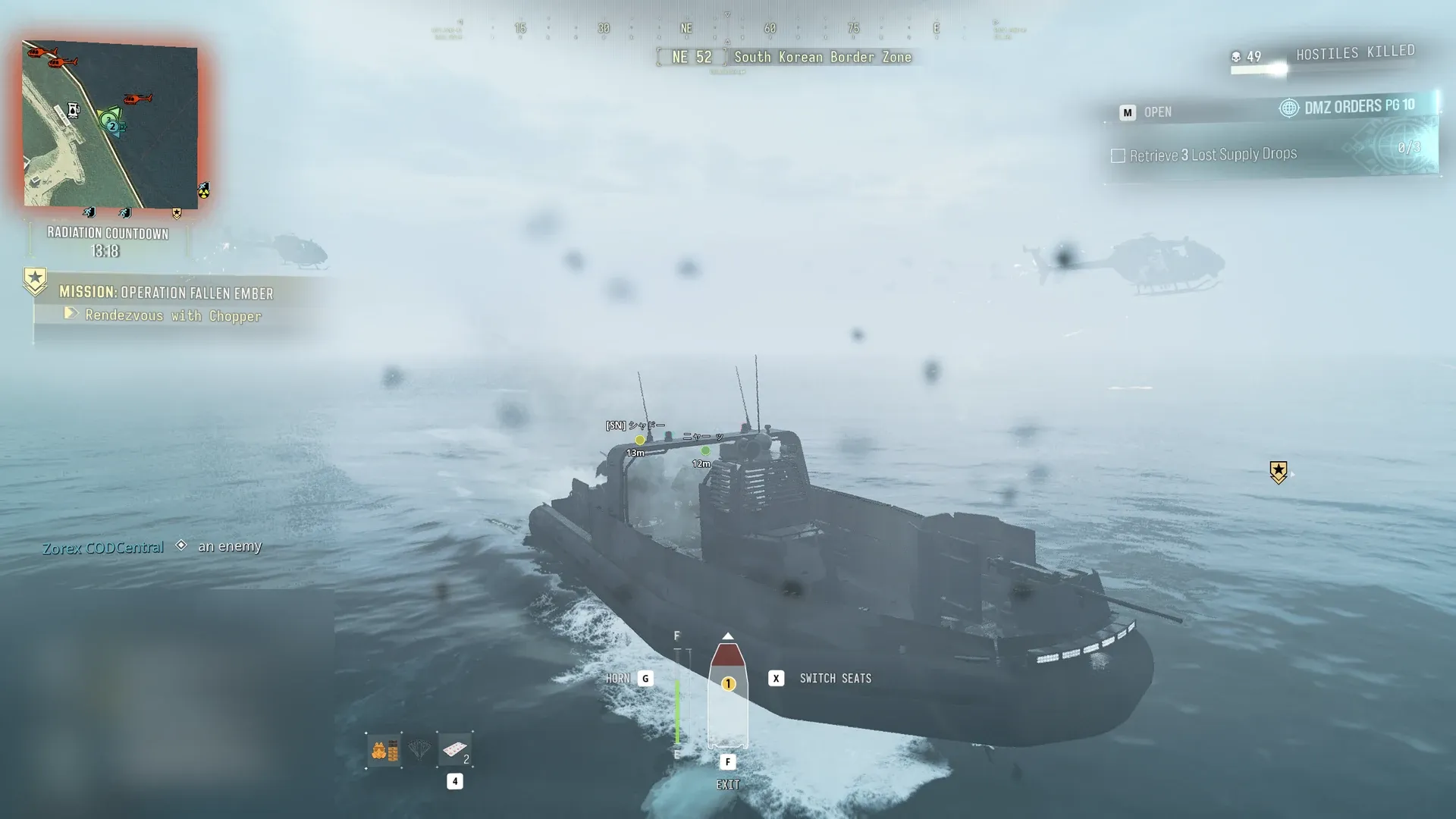 MW4 DMZ boat escape in Operation Fallen Ember with enemy helicopters chasing the squad
