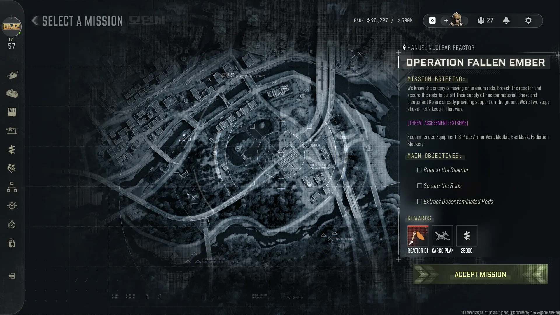MW4 DMZ Select a Mission screen with Operation Fallen Ember at the Haneul Nuclear Reactor, objectives and rewards