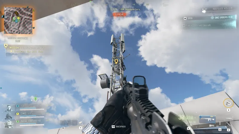 MW4 DMZ radio tower over The Grid with the Broadcast the Kill Code objective marker