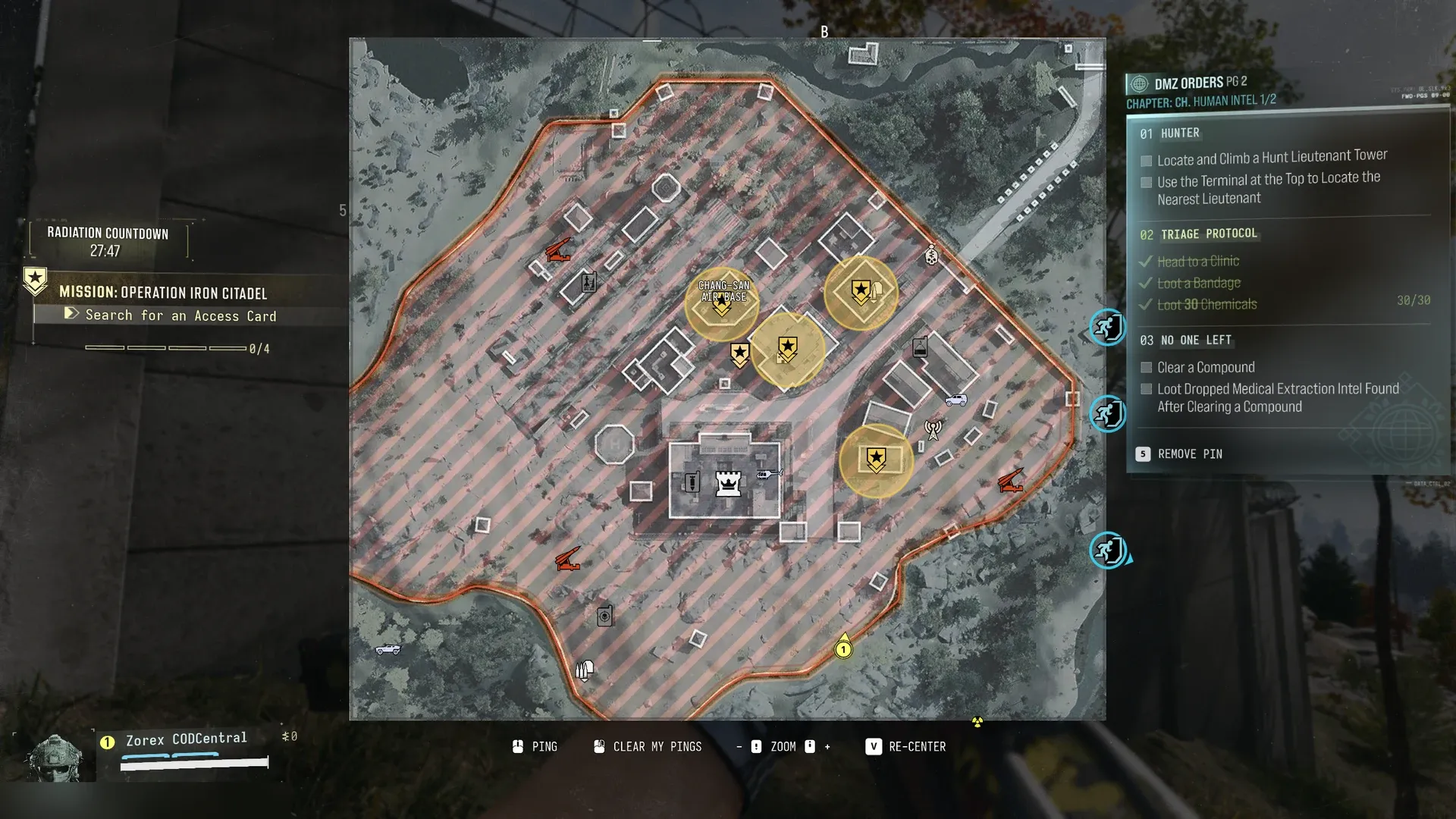 MW4 DMZ tac map of Chang-san Air Base with the four access card search zones for Operation Iron Citadel