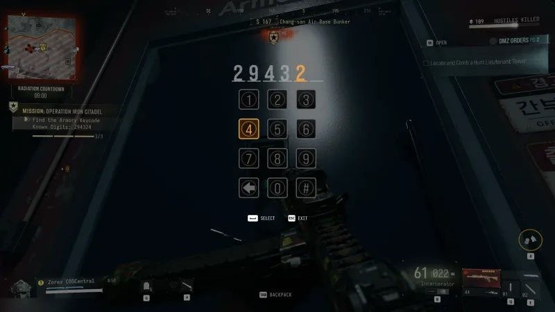 MW4 DMZ armory keypad in the Chang-san Air Base Bunker with the six-digit code being entered