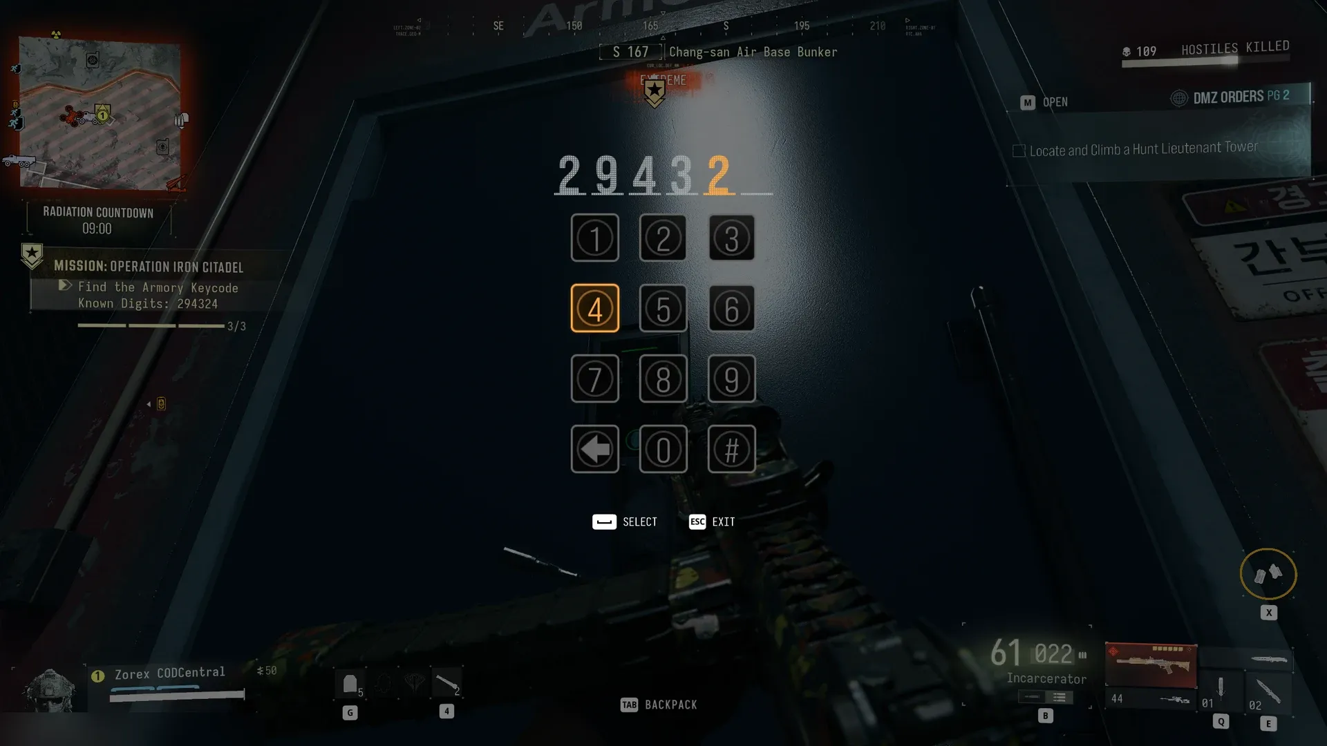 MW4 DMZ armory keypad in the Chang-san Air Base Bunker with the six-digit code being entered