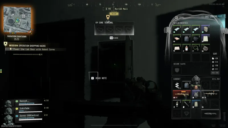 K9 Core Terminal at the NuriGO Mall lab door in Operation Shopping Hacks with four empty battery core slots