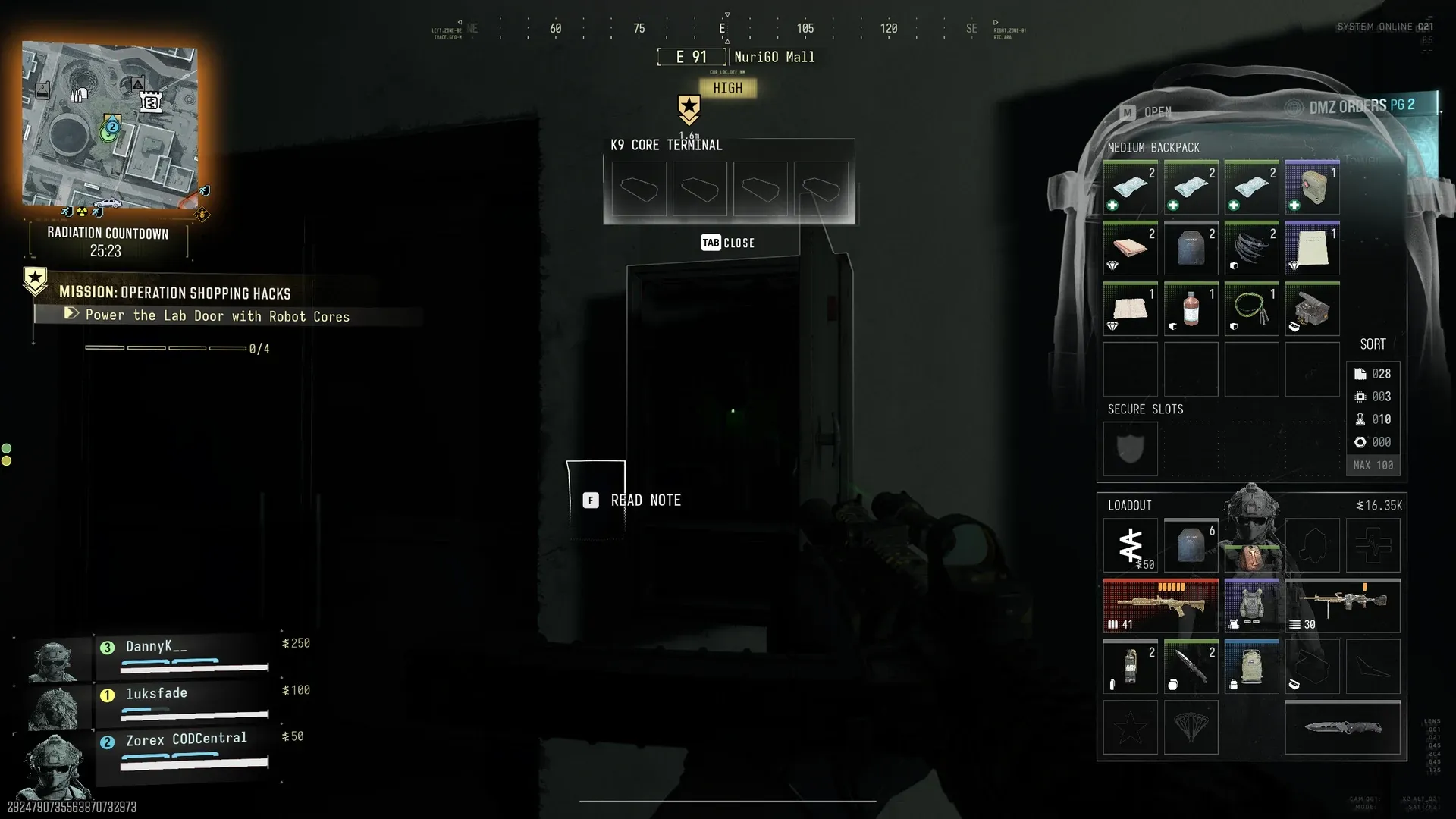 K9 Core Terminal at the NuriGO Mall lab door in Operation Shopping Hacks with four empty battery core slots