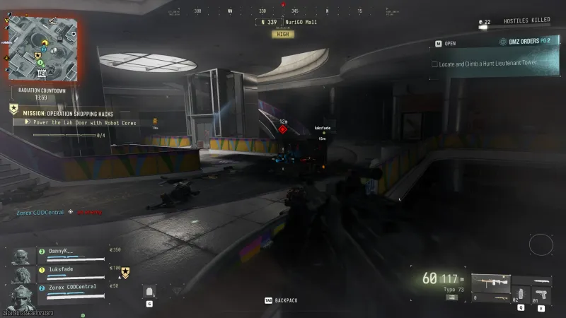 K9 robot dog marked as an enemy in the NuriGO Mall atrium during Operation Shopping Hacks, seen from the upper balcony
