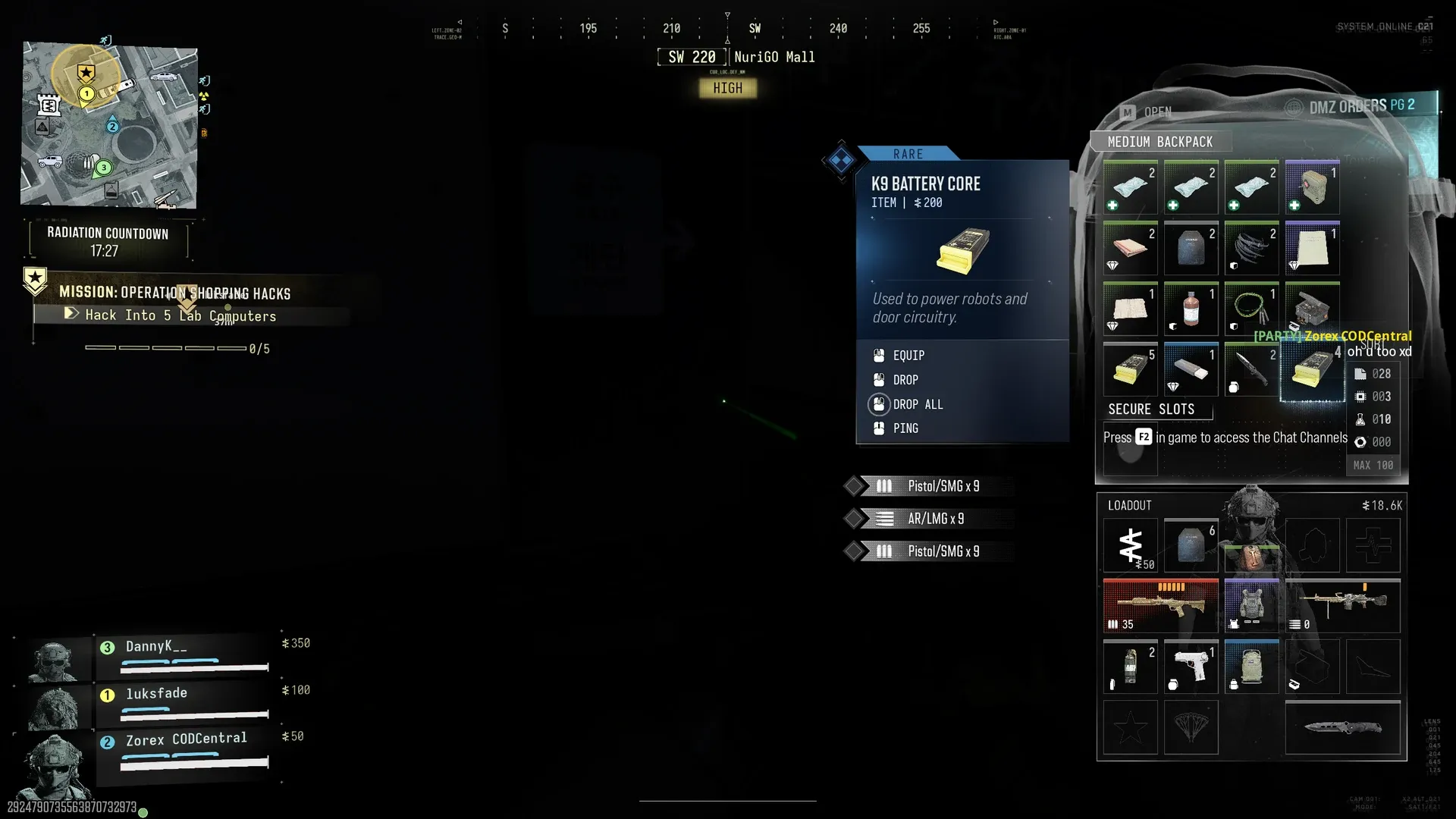 Rare K9 Battery Core item card in the backpack during Operation Shopping Hacks, used to power robots and door circuitry