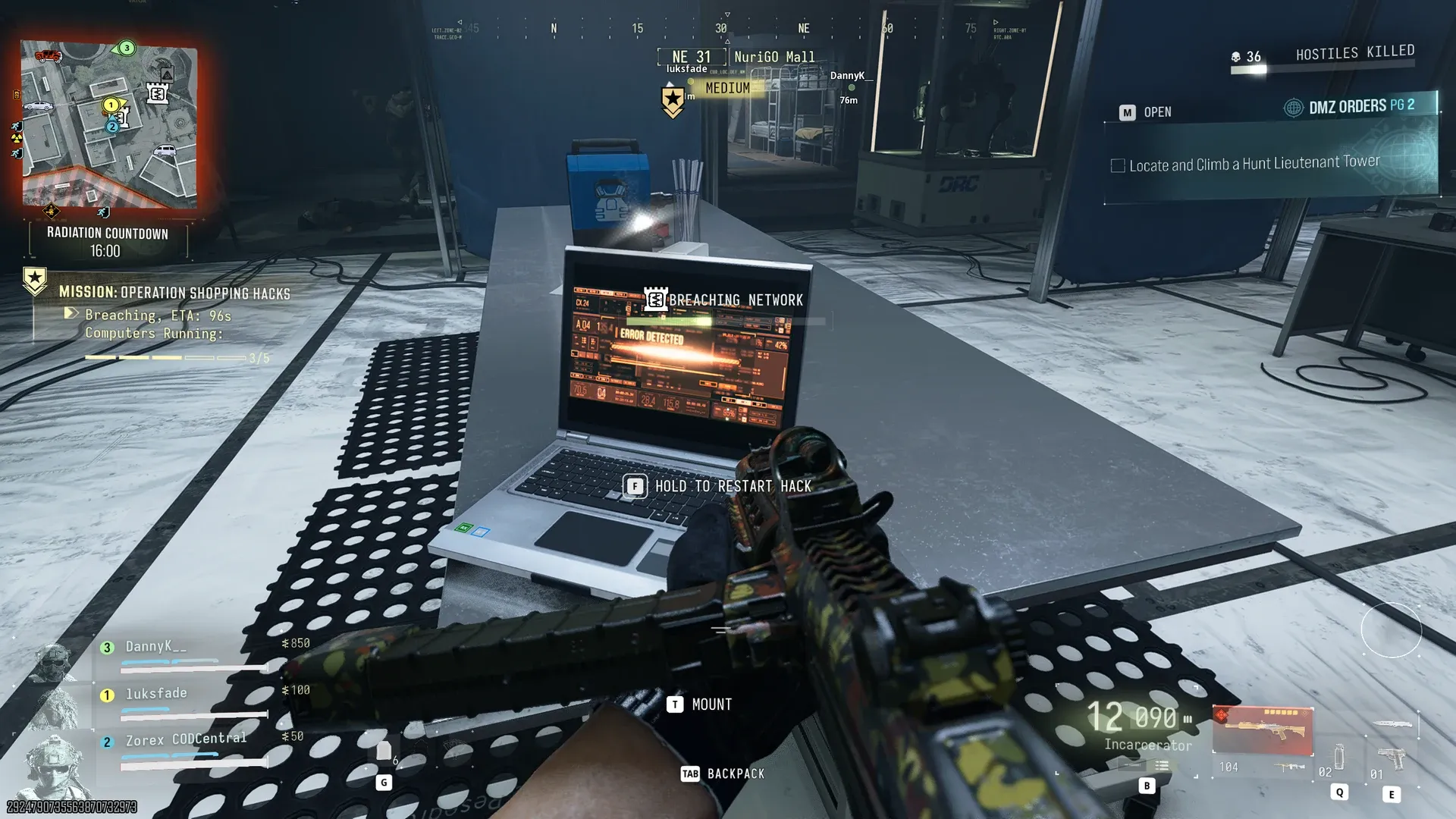 Lab laptop showing ERROR DETECTED during the network breach in Operation Shopping Hacks with 3 of 5 computers running