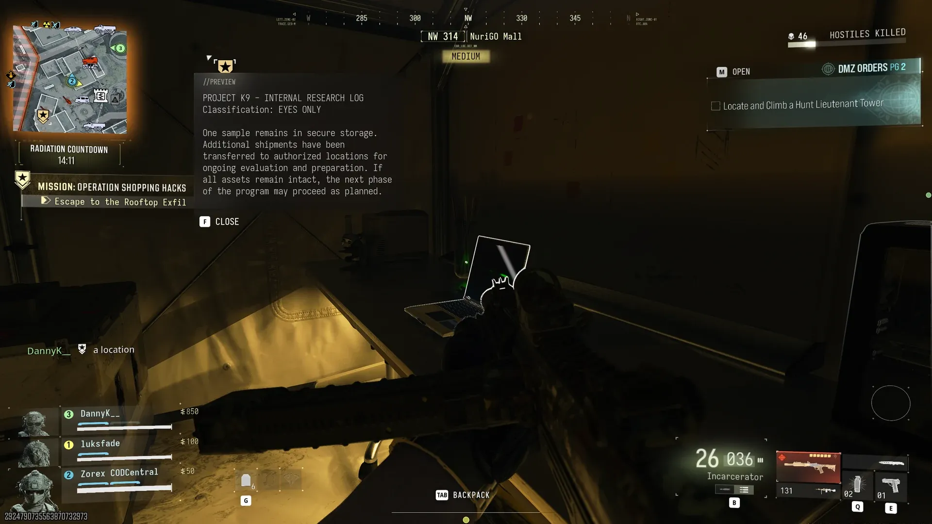 Project K9 internal research log intel on the vault room laptop in Operation Shopping Hacks