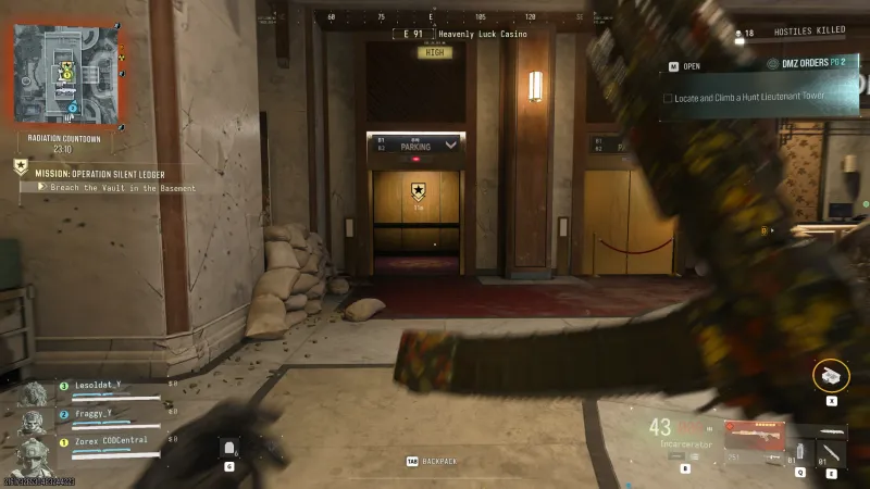 Casino lobby elevator marked B1 B2 Parking with the Breach the Vault objective in Operation Silent Ledger