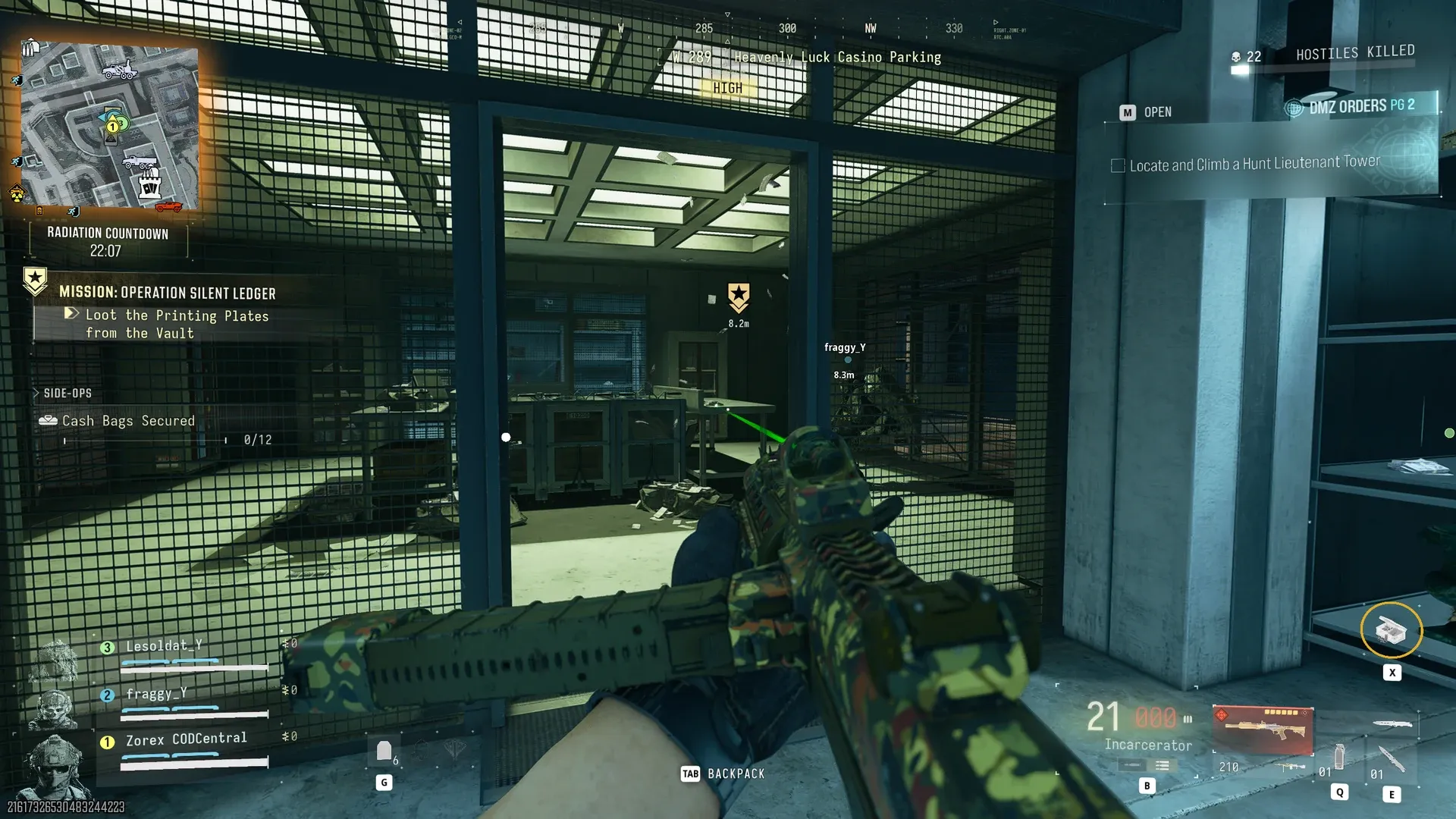 Inside the casino vault cage in Operation Silent Ledger with the Cash Bags Secured 0/12 side op on screen