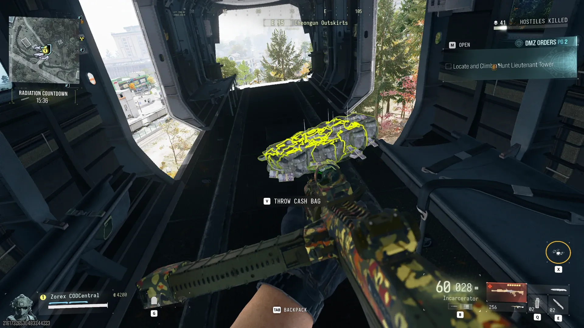 Throwing a cash bag into the exfil chopper over Cheongun Outskirts after Operation Silent Ledger