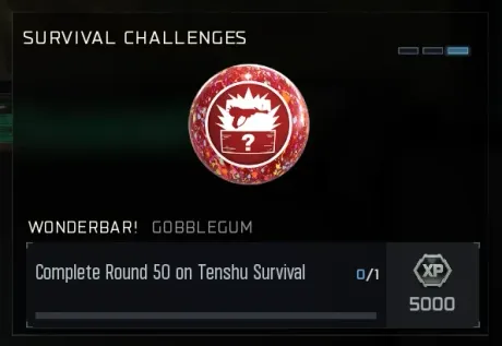 BO7 Zombies Survival Challenges card for Tenshu showing the Wonderbar! GobbleGum reward for completing round 50, worth 5,000 XP