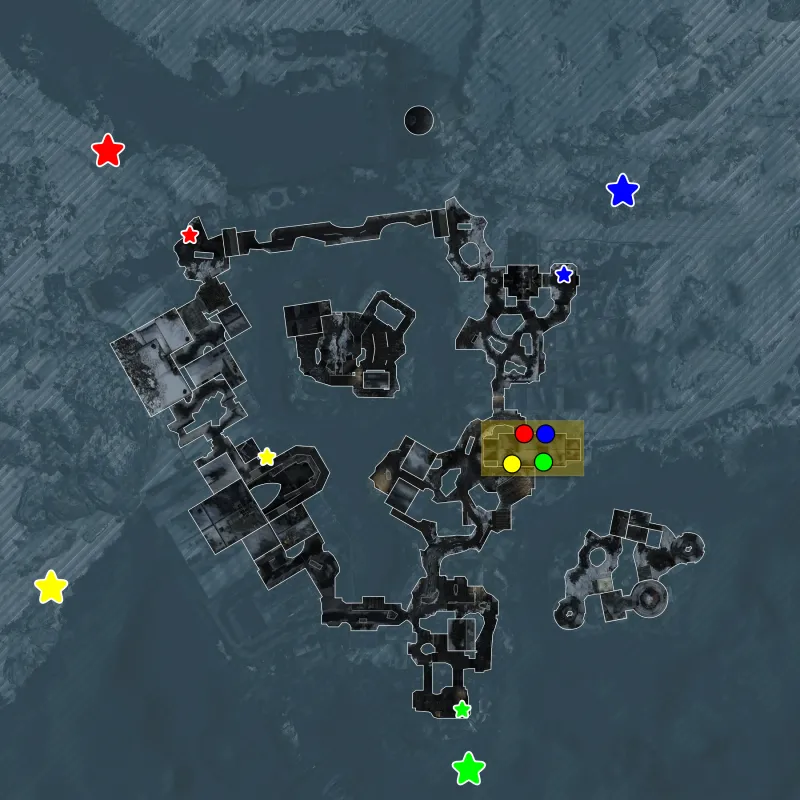 Annotated Totenreich minimap showing all Power Switch relic locations with colored star markers for sniper positions and aim targets and colored dots for bear rug tomahawk order