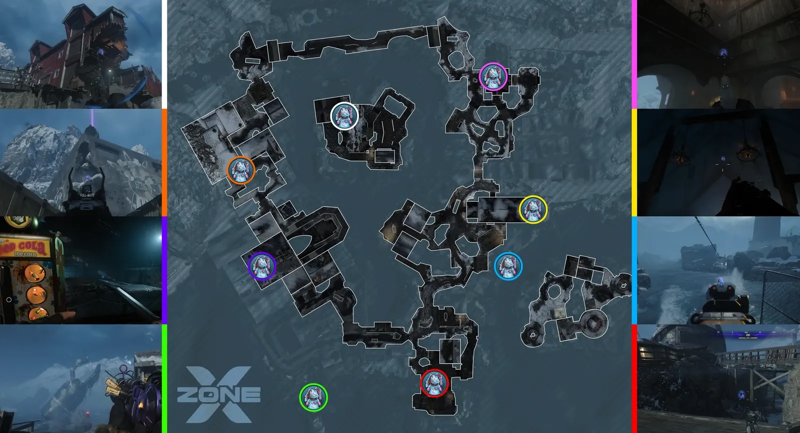 Map of all eight Mr Peeks spawn locations on Totenreich in BO7 Cursed Mode