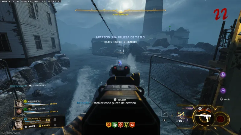 Mr Peeks over the water near the zipline at Plaza Eidskallen on Totenreich