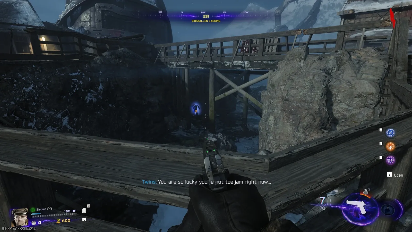 Mr Peeks under the wooden bridge at Eidskallen Landing on Totenreich