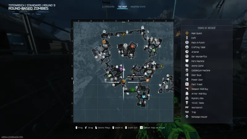 Totenreich tac-map showing all points of interest including wall buys, perk machines, and mystery box locations