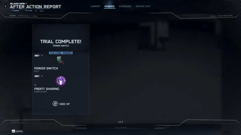Trial complete screen showing the Power Switch relic and Profit Sharing Cobalt Eclipse rewards in BO7 Totenreich