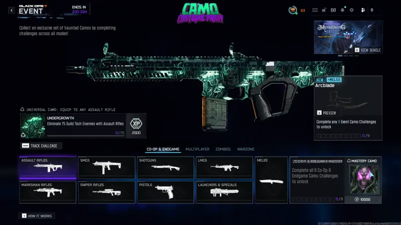 The Undergrowth camo from the Camo Costume Party event on an assault rifle in Black Ops 7, showing glowing teal mushrooms