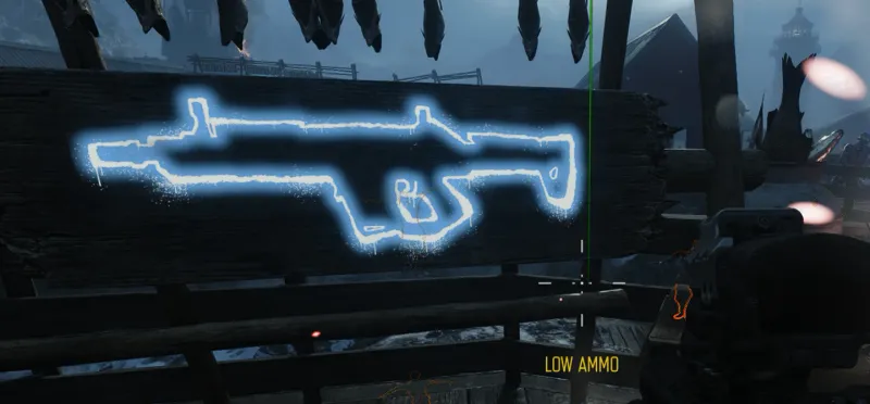 A glowing blue wall buy chalk outline of a rifle on a wooden board on Totenreich in BO7 Zombies