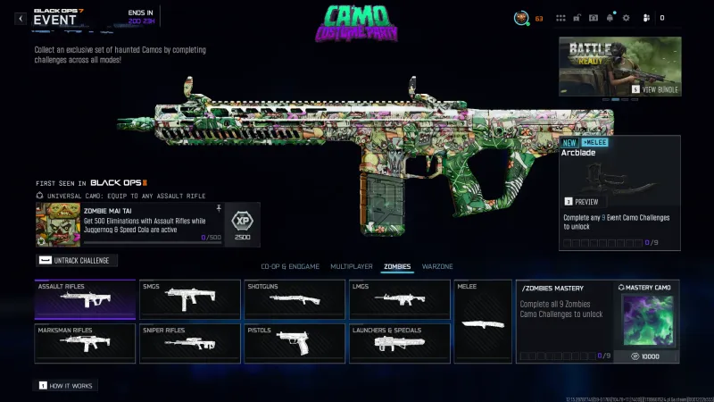 The Zombie Mai Tai camo from the Camo Costume Party event on an assault rifle in Black Ops 7, cartoon zombie faces and green leaves