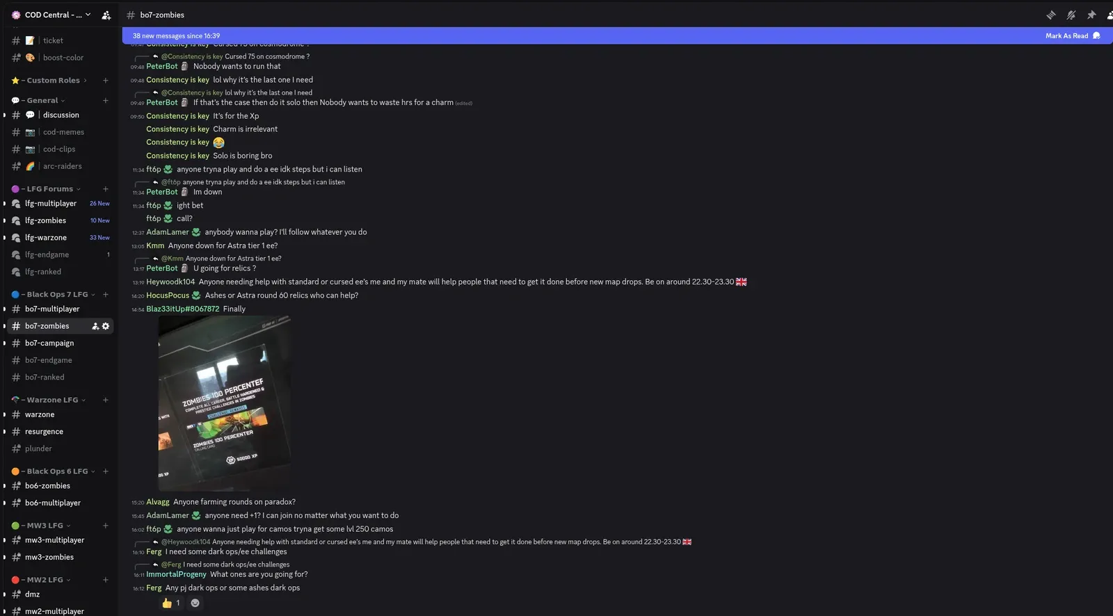 COD Central #bo7-zombies channel with active discussion about Easter Eggs, farming rounds, and team coordination
