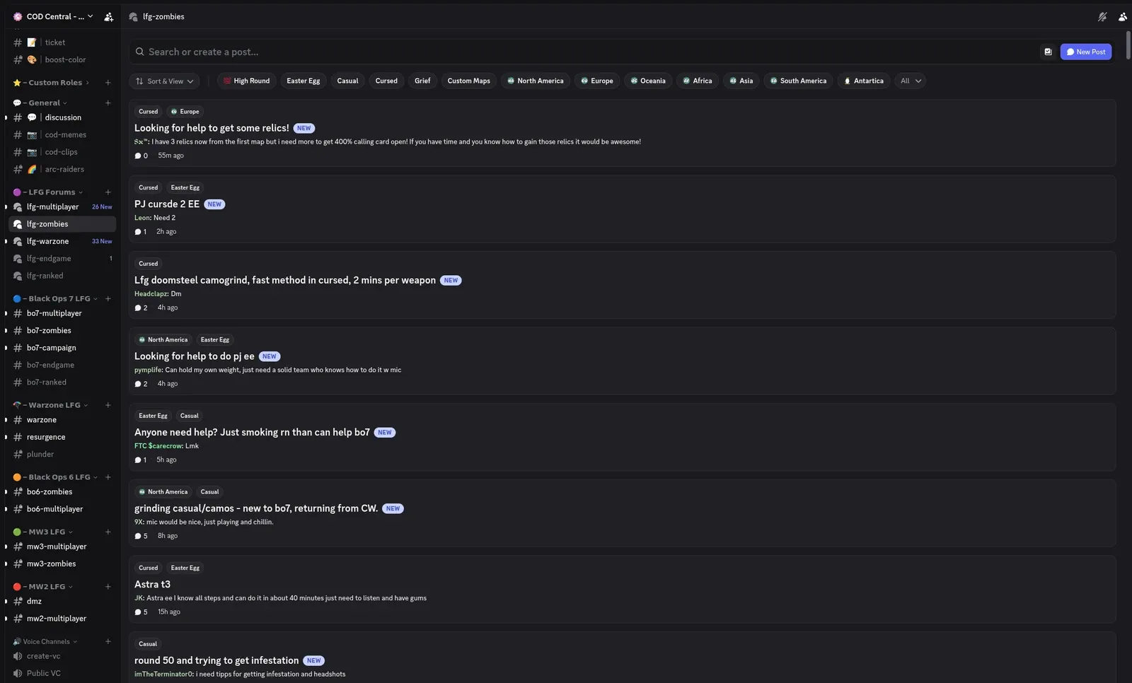 COD Central Zombies LFG forum showing posts for Easter Eggs, camo grinding, high rounds, and casual play
