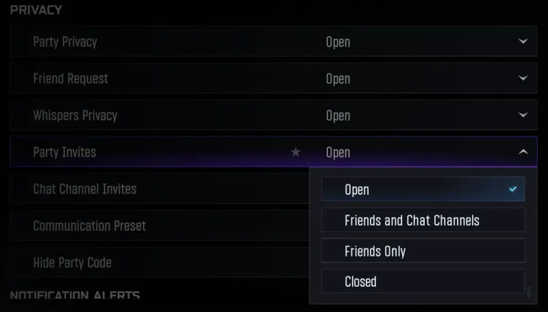 BO7 Account and Network Privacy menu showing Party Privacy, Friend Request, Whispers Privacy, and an expanded Party Invites dropdown set to Open