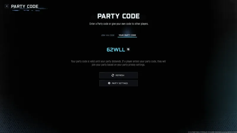 BO7 Your Party Code tab showing a five character code reading 62WLL with a note that the code stays valid until the party disbands
