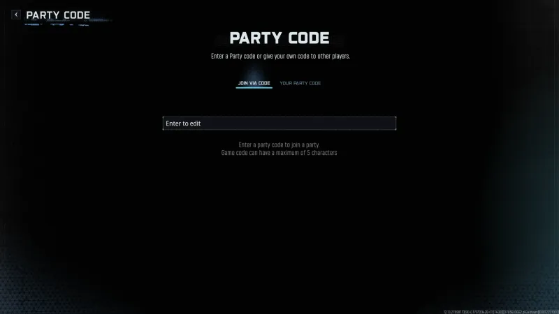 BO7 Party Code screen on the Join via Code tab with an empty entry field and a note that the code can have a maximum of 5 characters