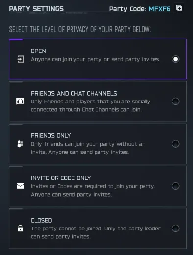 BO7 Party Settings screen showing the five privacy levels, Open, Friends and Chat Channels, Friends Only, Invite or Code Only, and Closed, with a party code displayed at the top