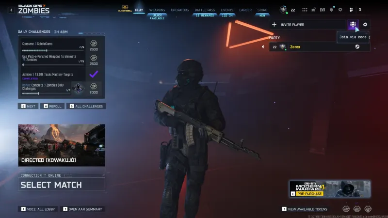 BO7 lobby screen with the Join via code tooltip visible next to the party icon above Invite Player