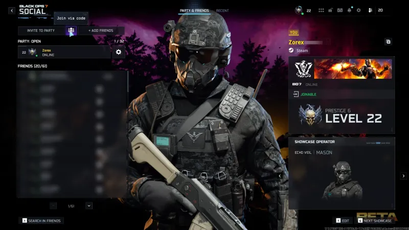 BO7 Social menu on the Party and Friends tab showing the Join via code tooltip next to Invite to Party and Add Friends