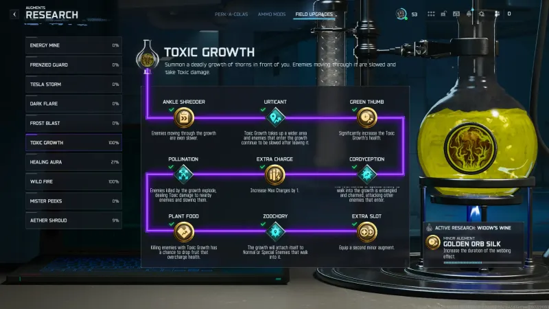 The Toxic Growth research grid in Black Ops 7 Zombies showing the augment nodes and completion percentage
