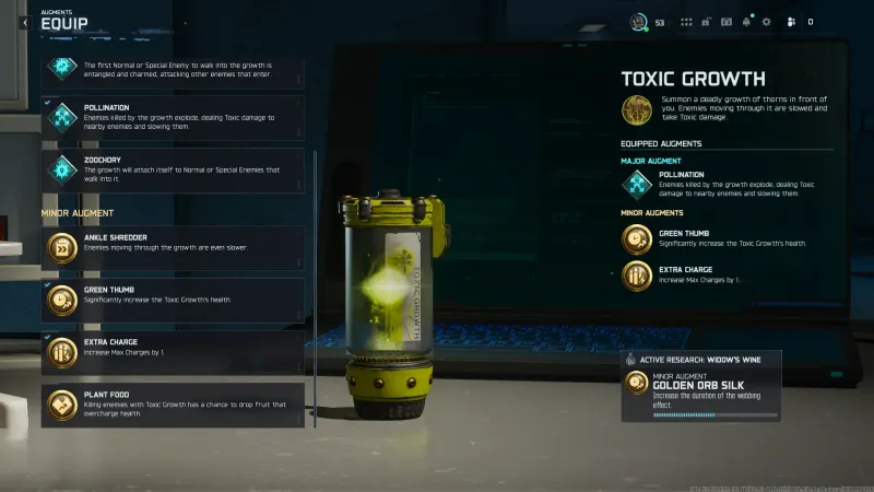 The Toxic Growth augment overview screen in Black Ops 7 Zombies with the recommended Pollination build