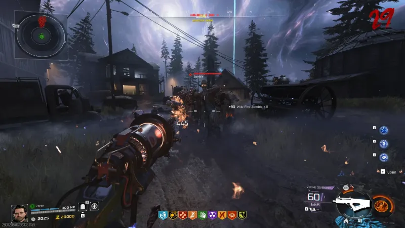 Base Wild Fire burning through a full horde of zombies in Black Ops 7 Zombies