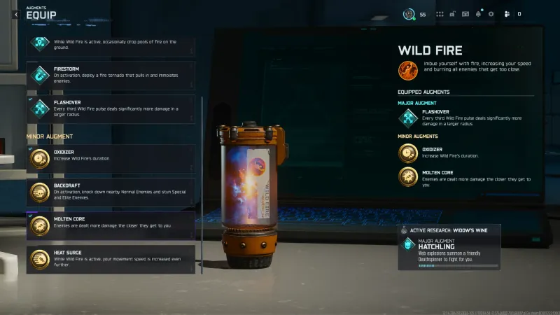 The Wild Fire augment menu in Black Ops 7 Zombies showing the recommended Flashover, Molten Core and Oxidizer build