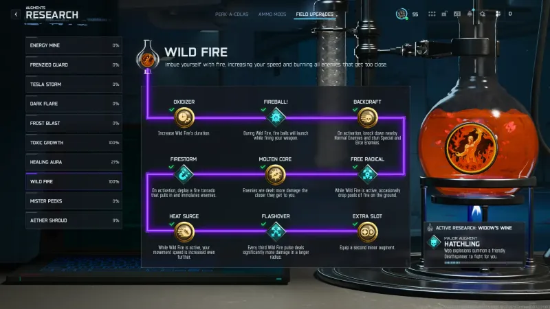 The Wild Fire research screen at 100 percent completion in Black Ops 7 Zombies showing every augment node unlocked