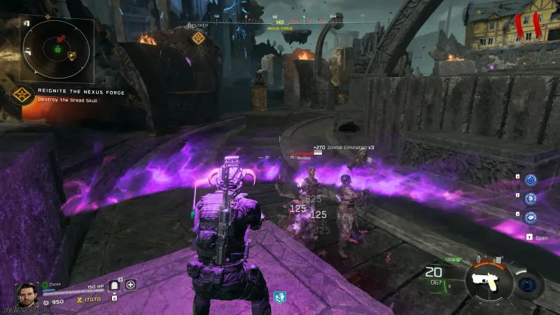 A player wearing the Goat Mask on Rex Infernus standing inside the purple ring of fire, with zombies taking damage around them