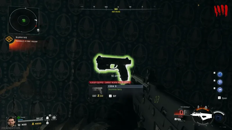 The Coda 9 wall buy weapon in Her House on Rex Infernus, costing 500 essence