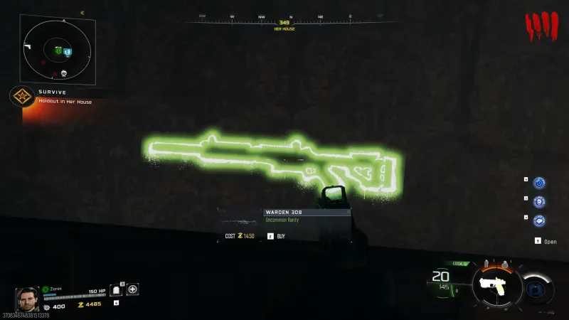The Warden 308 marksman rifle wall buy in Her House on Rex Infernus, costing 1450 essence