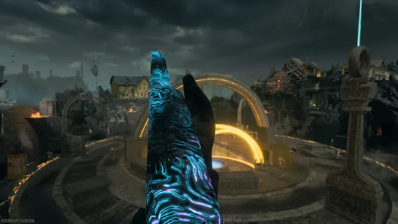A player holding the blue Corrupted Olympia overlooking the Nexus Forge on Rex Infernus in BO7 Zombies
