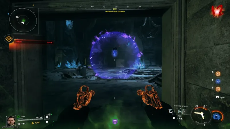 A purple ring of fire grapple checkpoint in the Dravakar Main Chamber on Rex Infernus with a race timer reading 14.5 seconds and Mister Peeks floating inside