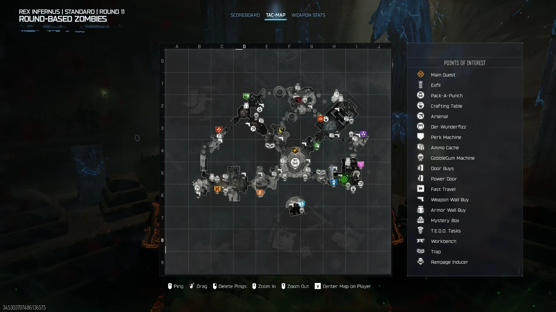 The Rex Infernus tac-map on round 11 shows icons for Pack-a-Punch, perks, wall buys and other points of interest.