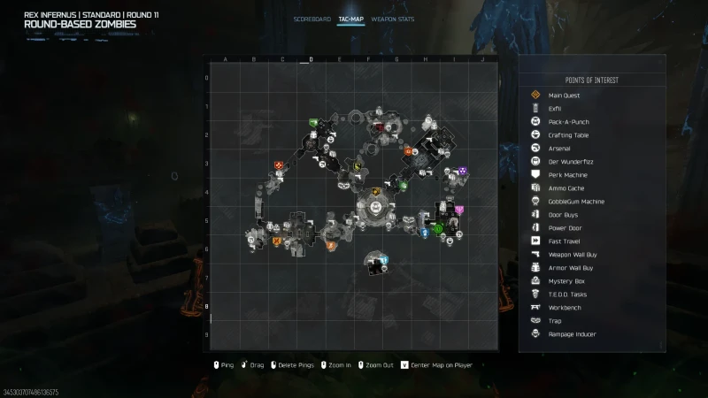 The Rex Infernus tac-map on round 11 shows icons for Pack-a-Punch, perks, wall buys and other points of interest.