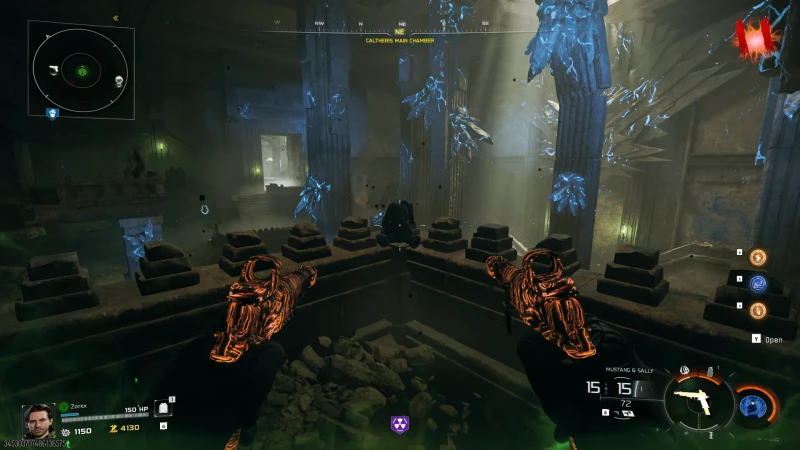 Mister Peeks sitting on a ledge in the Caltheris Main Chamber on Rex Infernus, a small dark figure across the room